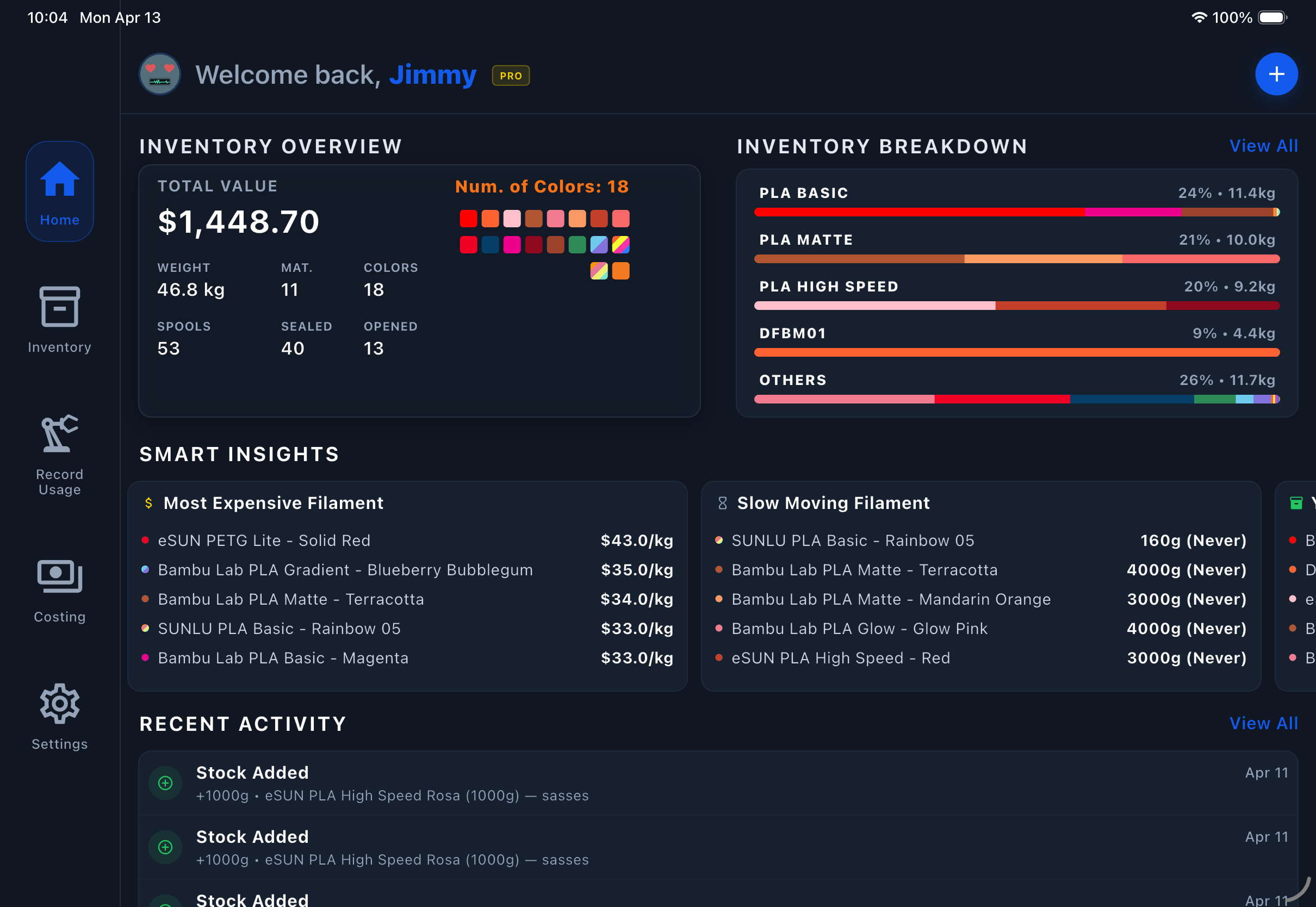 Filament Genius tablet dashboard for 3D printing filament inventory